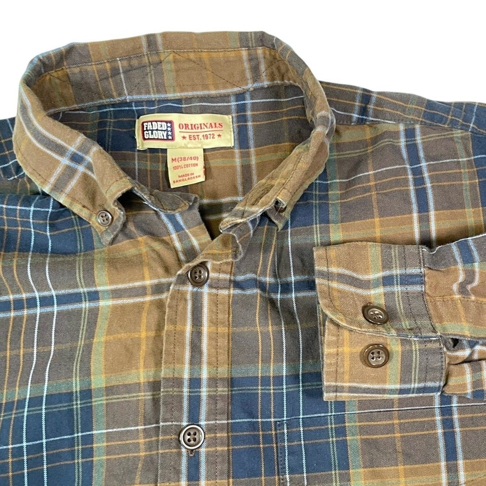 Faded Glory M Brown Plaid Button Down Shirt Long Sleeve Cotton Cabin Earthcore
